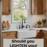 open kitchen with honey oak cabinets, white counters - Pinterest Graphic