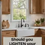 open kitchen with honey oak cabinets, white counters - Pinterest Graphic