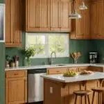 open kitchen with honey oak cabinets, white counters and green walls