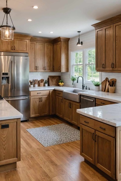 open kitchen with honey oak cabinets, white counters and stainless steel appliances 