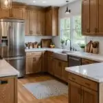 open kitchen with honey oak cabinets, white counters and stainless steel appliances