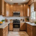 open kitchen with honey oak cabinets, white counters and tile floors