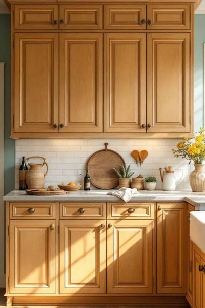 kitchen with honey oak cabinets, white counters , white subway backsplash and dark cabinet hardware