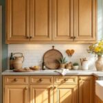 open kitchen with honey oak cabinets, white counters , white subway backsplash and dark cabinet hardware