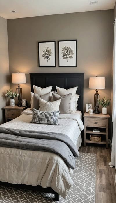 bedroom with taupe walls , bed, night stands and lamps