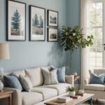 traditional style living room with light blue walls, couches, artwork and large window