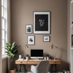 Home Office with wood desk, high ceilings and taupe walls