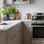 Kitchen wih white backsplash, taupe cabinets, and white counters