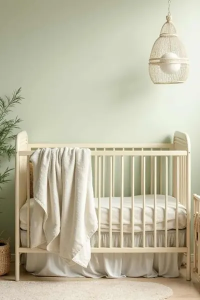 Nursery with a cream colored crib with blankets 