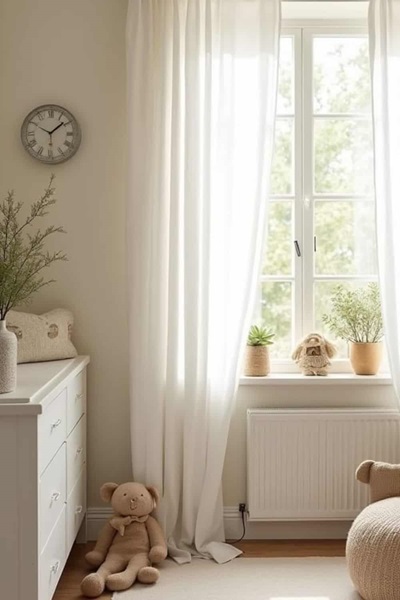 Nursery with a cream colored walls. dresser and window with curtains 