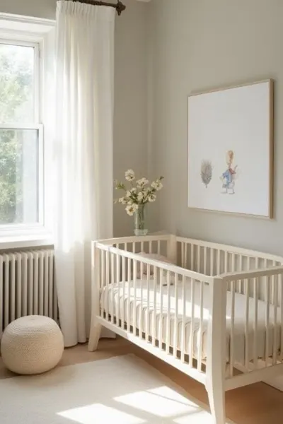 Nursery with a greige colored walls. crib and window with curtains 