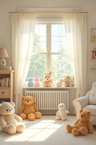 Nursery with a large window with curtains and stuffed animals 