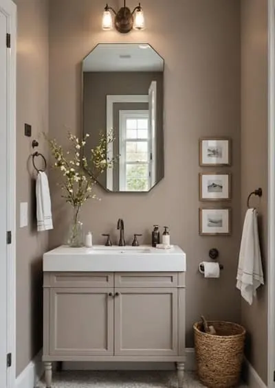 bathroom with single vanity, mirror , taupe colored walls and door