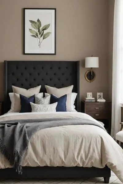 bedroom with taupe walls, bed and large headboard