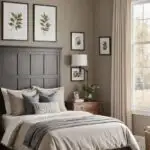 bedroom with taupe walls, large window, bed and headboard.