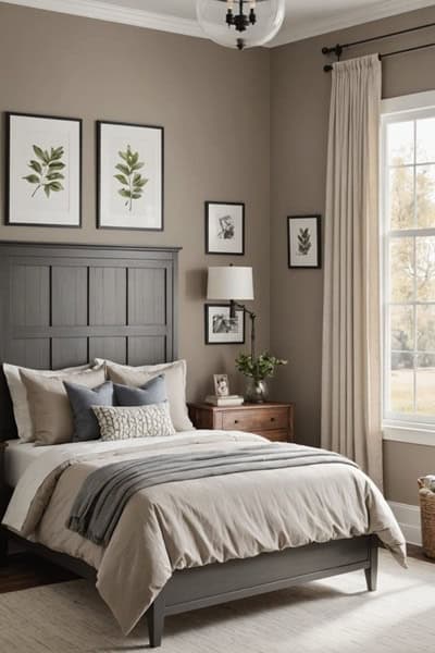 bedroom with taupe walls, large window, bed and headboard.