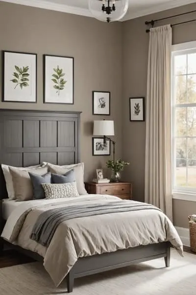 bedroom with taupe walls, large window, bed and headboard.