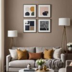 living room with taupe walls, gray couch, coffee table and wall art