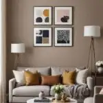 living room with taupe walls, gray couch, coffee table and wall art