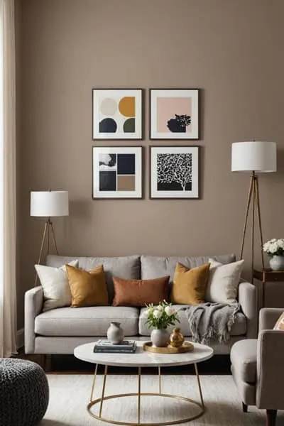 living room with taupe walls, gray couch, coffee table and wall art 