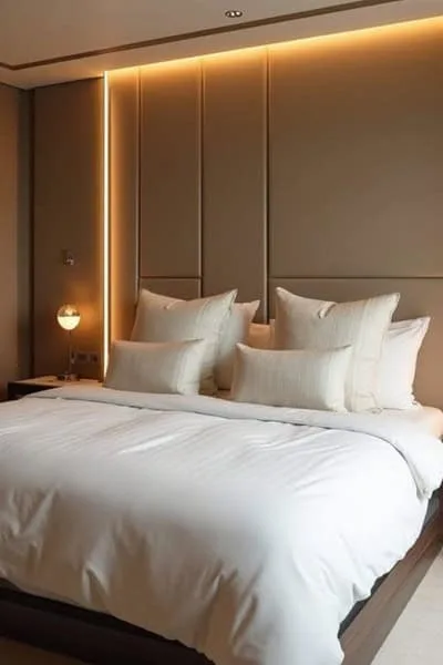 A neutral bedroom that is decorated like a hotel room