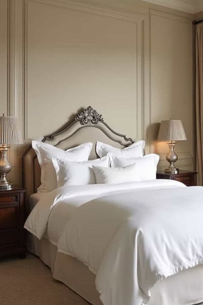 A neutral bedroom with a bed and antique style headboard that is decorated like a hotel room