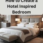 A neutral bedroom with a bed and headboard that is decorated like a hotel room - Pinterest Graphic