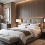 A neutral bedroom with a bed and headboard that is decorated like a hotel room - Pinterest Graphic