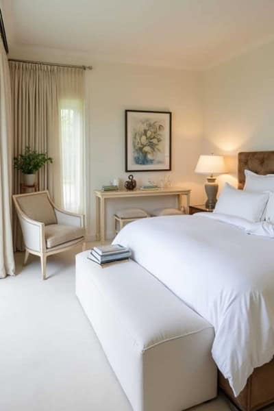 A neutral bedroom with a bed and large window that is decorated like a hotel room 