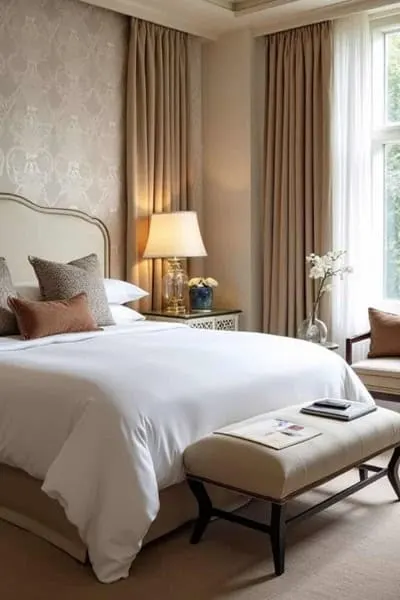 A neutral bedroom with a bed and large window that is decorated like a hotel room