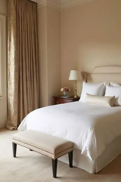 A neutral bedroom with a big bed that is decorated like a hotel room