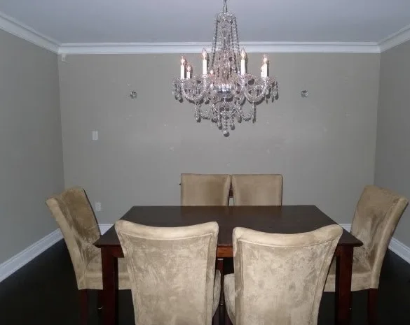 Dining room with long table, chairs and light fixture