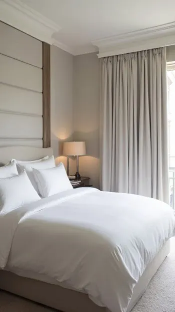 A neutral bedroom with a bed and antique style headboard that is decorated like a hotel room 