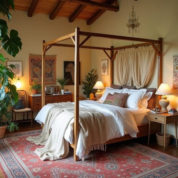 boho style bedroom with bed, wood ceiling, and a beige color palette