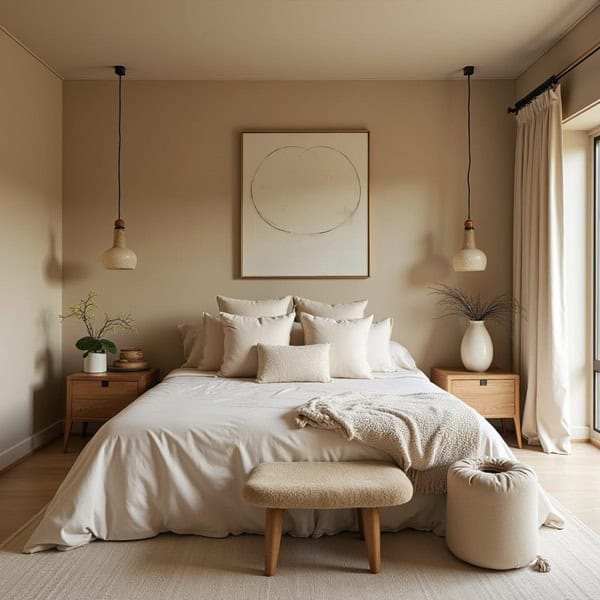 minimalistic style bedroom with bed, art above the bed, and a beige color palette