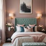 bedroom with dust pink walls, a bed with upholstered headboard and art above the bed