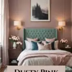 bedroom with dust pink walls, a bed with upholstered headboard and art above the bed