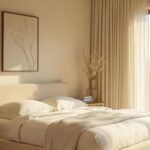 elegant bedroom with bed, curtains and a beige color palette