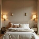 elegant bedroom with bed wall sconces and a beige color palette