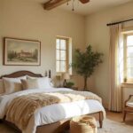 farmhouse style bedroom with bed, ceiling fan, art above the bed and a beige color palette