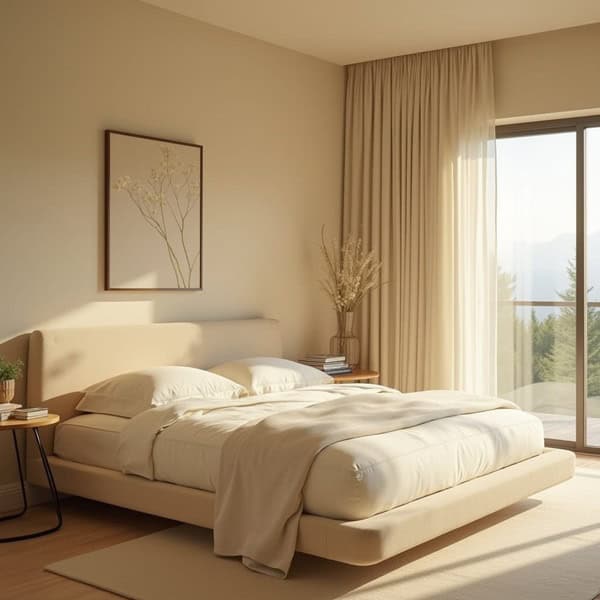 elegant bedroom with bed, curtains and a beige color palette