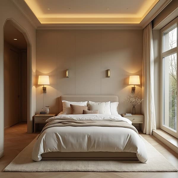 elegant bedroom with bed wall sconces and a beige color palette 