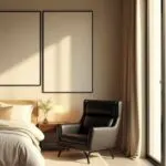 minimalistic style bedroom with bed, art above the bed, and a beige and black color palette