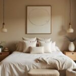 minimalistic style bedroom with bed, art above the bed, and a beige color palette