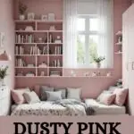 _small pink bedroom with a low bed, and shelving above it