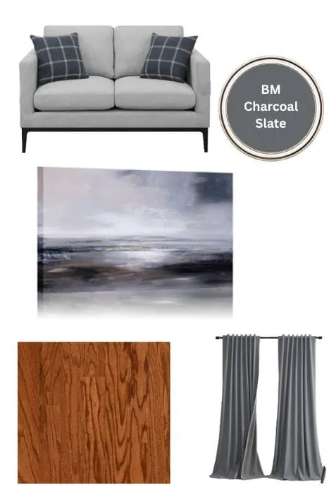 curtains, couch, rug and art work