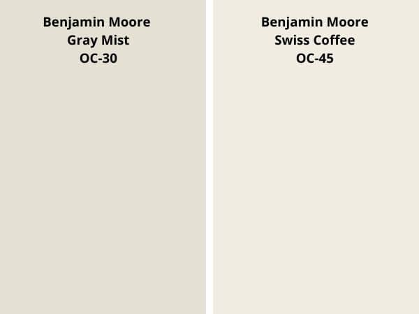 Gray Mist vs Swiss coffee color comparison digital swatch