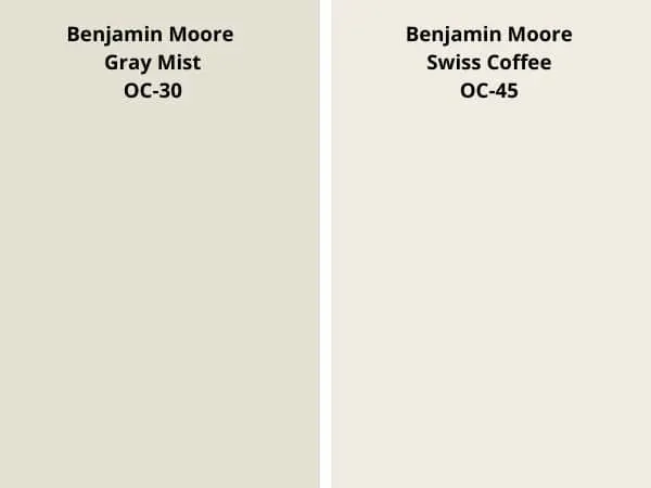 Gray Mist vs Swiss coffee color comparison digital swatch