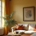 sun drenched living room with butter yellow walls and a neutral couch