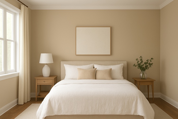Bedroom with bed with white bedding and beige walls